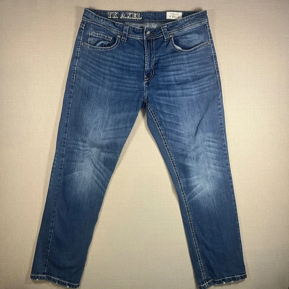 TK Axel Mens Athletic Fit Jeans 38x32 Medium Wash Blue‎ Denim Heavy Stitching